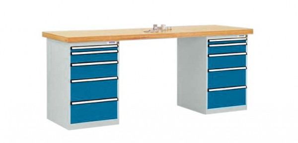 Manuflex Werkbanksystem COMBI, 2 Gehäuse Modell 1 mit massiver Bucheplatte, BxTxH = 2000 x 700 x 840 mm, Brillantblau, TP5092.5007