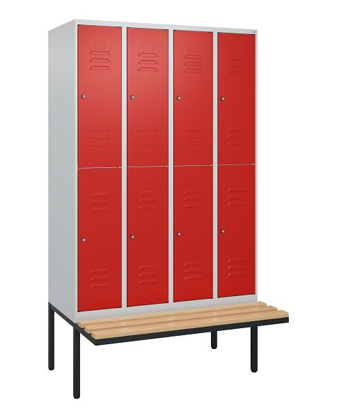 C+P Doppelstöckiger Spind Classic PLUS, 4 Abteile, 2120x1200x815mm, 7035/3020, Zylinderschlösser, Buche-Sitzleisten, Sitzfläche, 0803407-40 S10092