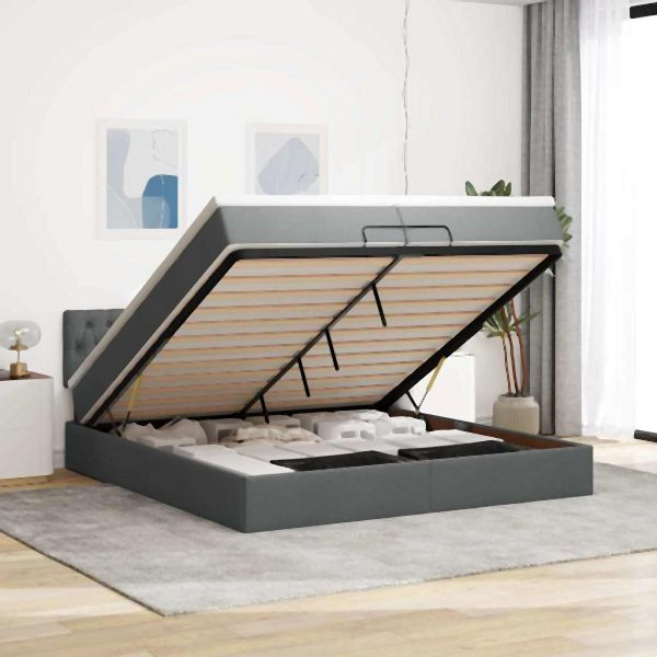 vidaXL Ottoman-Bett mit Matratzen & LEDs Dunkelgrau 200x200 cm Stoff, 3312417