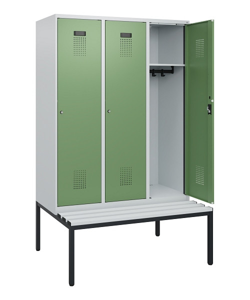 C+P Spind Evolo PLUS, 3 Abteile, 1950x1200x815mm, 7035/6011, Zylinderschloss, Material Sitzfläche Kunststoff, Sitzbank, 0490505-32 S10091