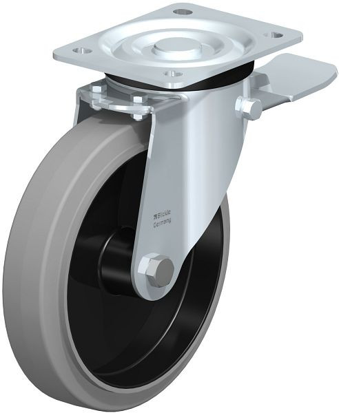 Blickle L-POEV 201R-ST-SG Stahlblech-Lenkrolle, mittelschwere Ausführung, mit Anschraubplatte & Feststeller, Elastik-Vollgummi, Grau, 850703