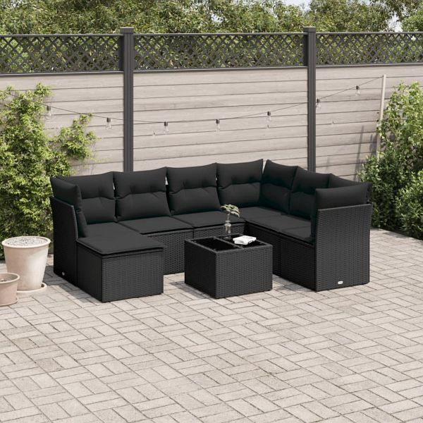 vidaXL 8-teilig Garten-Sofagarnitur mit Kissen Schwarz Poly Rattan, 3217995