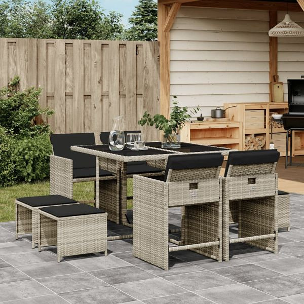 vidaXL 9-teilig Garten-Essgruppe mit Kissen Hellgrau Poly Rattan, 3211139