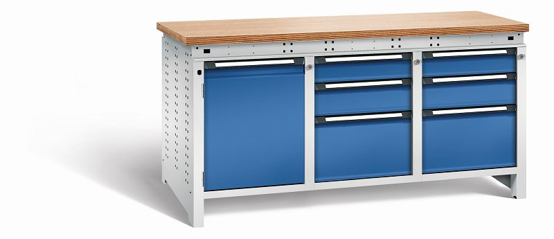 Otto Kind Werkbank Serie function Typ 311, Multiplexplatte 40 mm, bündig, 2x Unterbau + mittleres Feld, Gehäuse RAL 7035, Front RAL 5010, 072366186