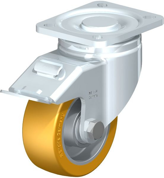Blickle LH-ALTH 101K-1-FI Stahlblech-Lenkrolle, Schwerlast-Ausführung, mit Anschraubplatte & Feststeller, Blickle Extrathane®, Hellbraun, 615146