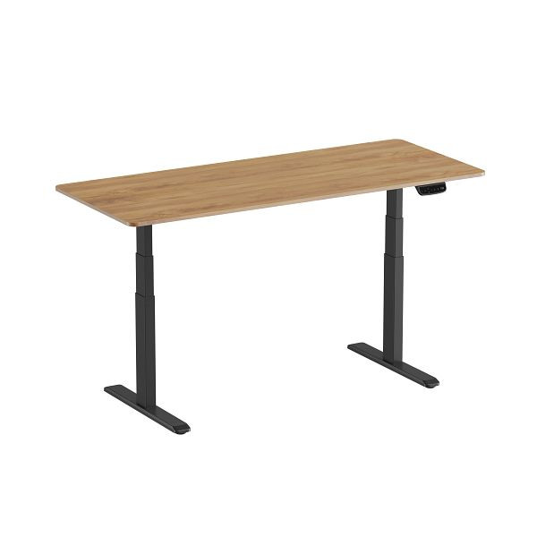 DENIOS Höhenverstellbarer Schreibtisch, elektrisch, Stahl/DBS, 1800 x 750 mm, schwarz/Eiche, 318595