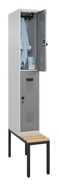 C+P Doppelstock-Spind Evolo PLUS, Bank, 2 Fächer, 2120x300x815mm, 7035/0004, Drehriegel, Sitzfläche Buche-Hartholz, Sitzbank, 0493507-10 S10014