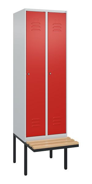 C+P Umkleidespind Classic PLUS, 2 Abteile, 2120x600x815mm, 7035/3020, Zylinderschlösser, Buche-Sitzleisten, 3 Doppel-Haken, 0800407-20 S10066
