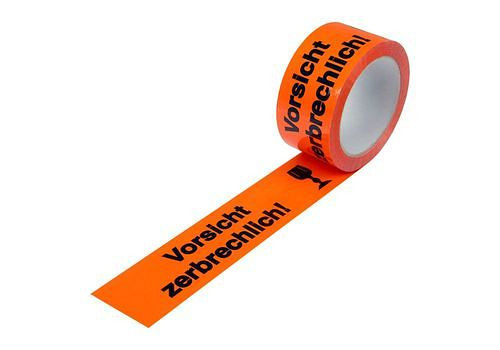 DENIOS Warn-Klebeband, PP, Aufdruck Vorsicht zerbrechlich, in warn-orange, 50 mm breit x 66 m, VE: 12 Rollen, 299577