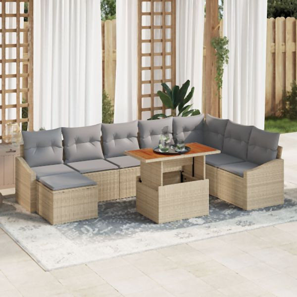 vidaXL 9-teiliges Garten-Sofa-Set mit Kissen Beige Poly Rattan, 3358611