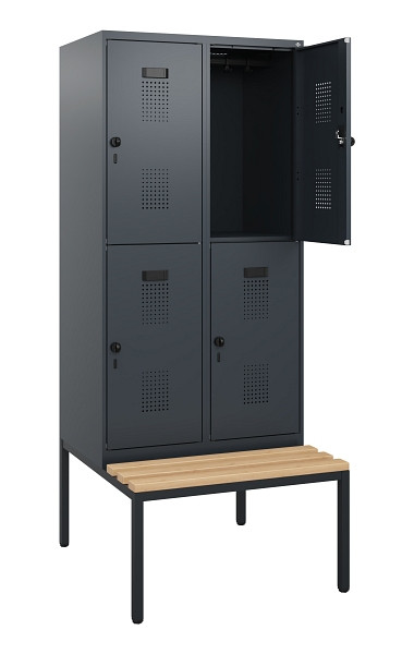 C+P Doppelstöckiger Spind Evolo PLUS, Bank, 4 Fächer, 1950x800x815mm, 7016/7016, Drehriegel, Sitzfläche Buche-Hartholz, Sitzbank, 0493505-22 S10016