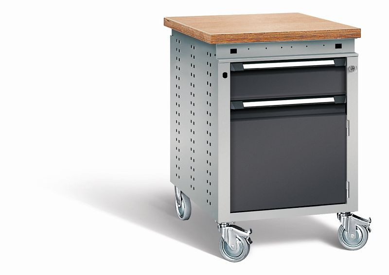 Otto Kind Werkbank Serie function Typ 151 fahrbar, Multiplexplatte, bündig, Unterbau, mit Zentralverschluss, Gehäuse RAL 9006, Front RAL 9005, 07237813N