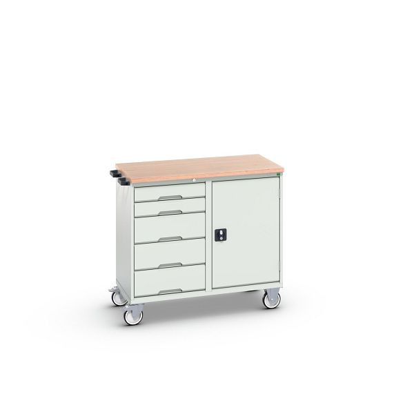 bott verso Montagewagen, mit 5 Schubladen, Tür und Multiplex-Top, BxTxH: 1050 x 600 x 980 mm, Lichtgrau / Lichtgrau, 16927121.16