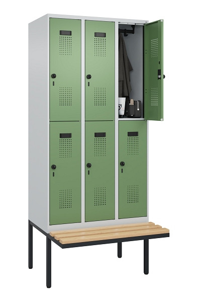 C+P Doppelstock-Spind Evolo PLUS, Bank, 6 Fächer, 2120x900x815mm, 7035/6011, Drehriegel, Sitzfläche Buche-Hartholz, 0493407-30 S10010