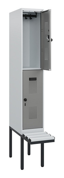 C+P Doppelstock-Spind Evolo PLUS, Bank, 2 Fächer, 1950x300x815mm, 7035/0004, Drehriegel, Sitzfläche Kunststoff, 0493405-10 S10108