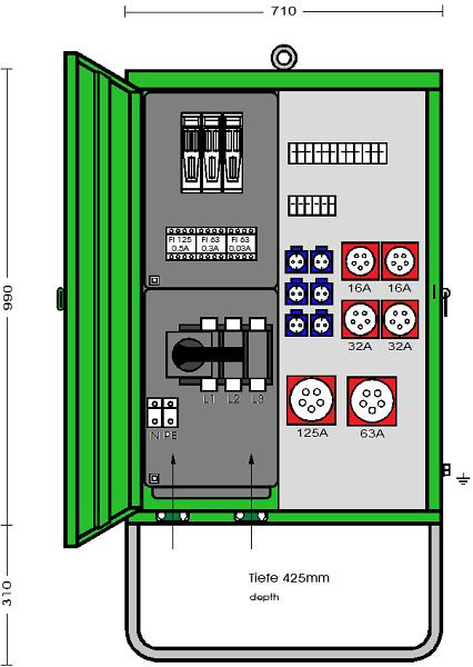 Elektra Tailfingen Verteilerschrank 138 kVA mit 2 RCD Typ B und RCD Typ A, 6 CEE-Abgänge 16-125A und 6 Steckdosen, V 200N/A/62211-3 V2, 183232