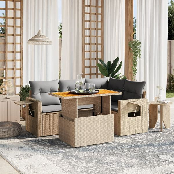 vidaXL 5-teilig Garten-Sofagarnitur mit Kissen Beige Poly Rattan, 3271738