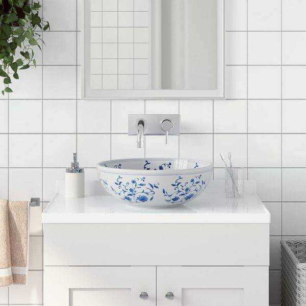 vidaXL Aufsatzwaschbecken Weiß und Blau Rund Ø41x14 cm Keramik, 155049