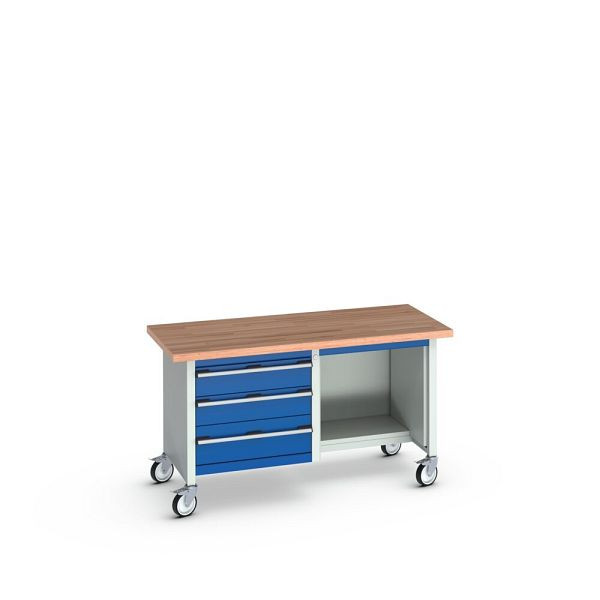 bott cubio Kastenwerkbank mobil 3 Schubladen, Rotbuche-Arbeitsplatte, BxTxH: 1500x750x840mm, RAL 7035/5010, Enzianblau, 41002116.11V