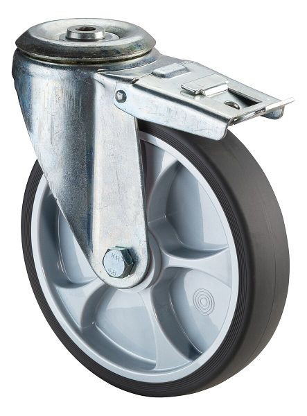 BS Rollen Transportrolle Lenkrolle mit Feststeller, thermoplastisches Gummirad grau, Rollenlager, Rückenloch, Durchmesser: 200 mm, L121.B44.201