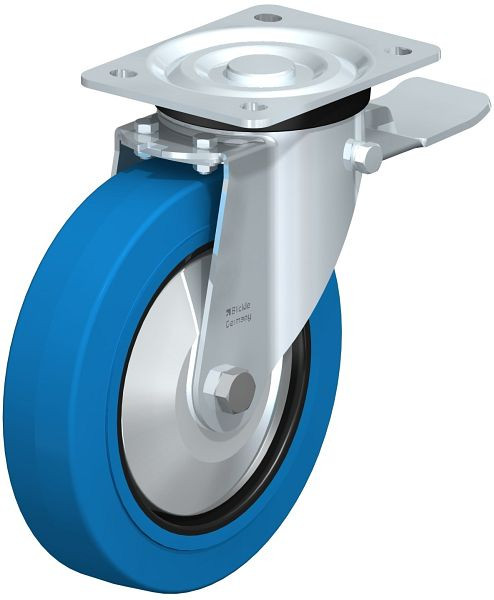 Blickle L-POEV 200R-ST-SB-FA Stahlblech-Lenkrolle, mittelschwere Ausführung, mit Anschraubplatte & Feststeller, Elastik-Vollgummi, Blau, 749392