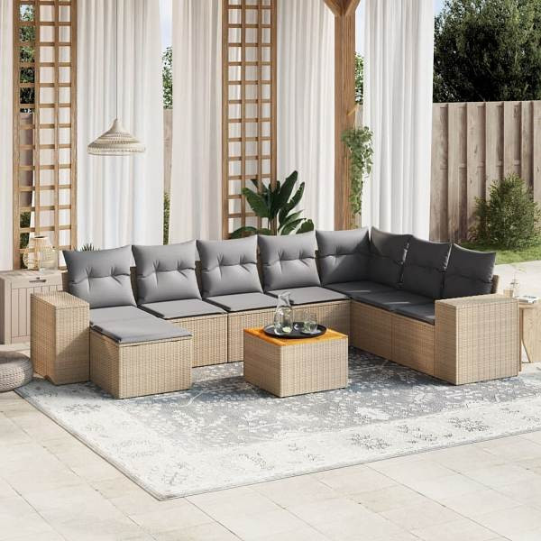 vidaXL 9-tlg. Garten-Sofagarnitur mit Kissen Beige Poly Rattan, UV-beständig, 3225583