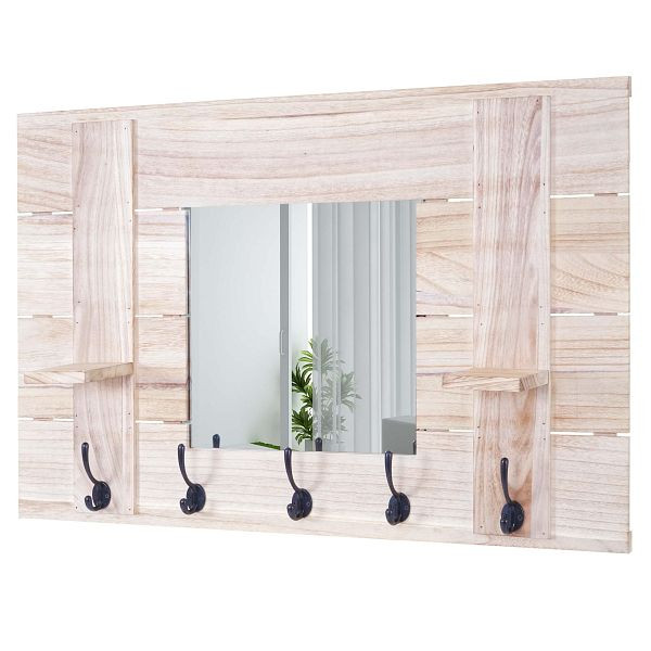 Mendler Wandgarderobe HWC-C89 mit Spiegel, Garderobenpaneel Garderobe, Shabby-Look Vintage, 5 Haken 90x60cm, naturbraun, 61936