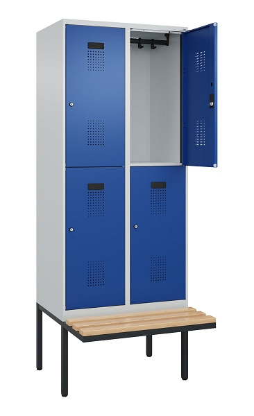 C+P Doppelstock-Spind Evolo PLUS, Bank, 4 Fächer, 2120x800x815mm, 7035/5010, Zylinderschloss, Sitzfläche Buche-Hartholz, 0493407-22 S10033