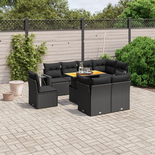 vidaXL 9-teilig Garten-Sofagarnitur mit Kissen Schwarz Poly Rattan, 3271846