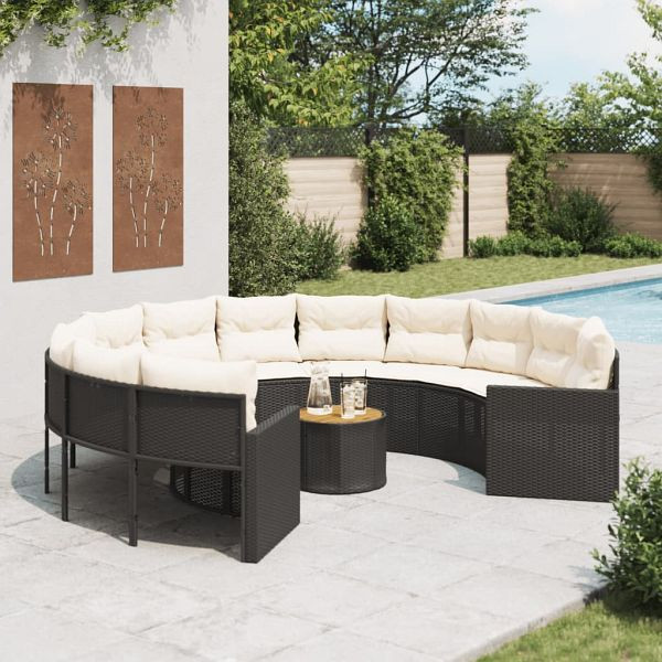 vidaXL Gartensofa mit Tisch und Kissen Rund Schwarz Poly-Rattan, 3318539