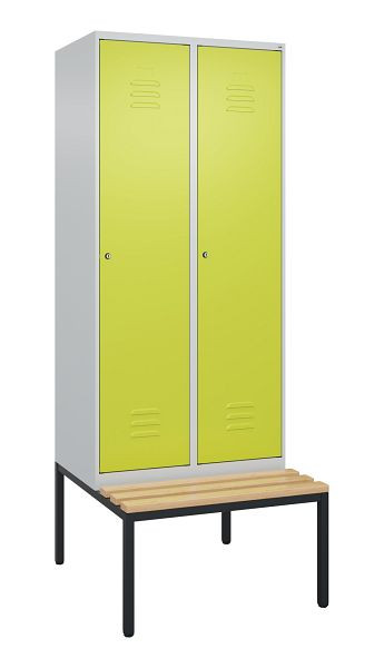 C+P Umkleidespind Classic PLUS mit Mitteltrennwand, Bank, 2 Abteile, 2120x800x815mm, 7035/0024, Zylinderschlösser, Buche-Sitzleisten, 0800507-22F S10054
