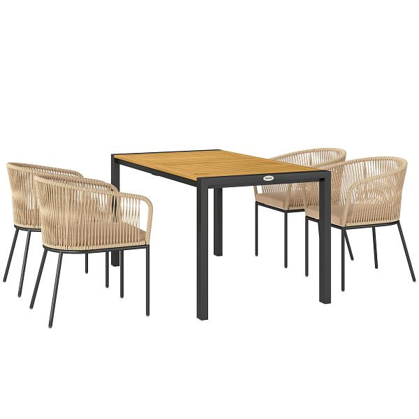Outsunny 5-teiliges Gartenmöbel-Set, 4 Stühle, 1 Tisch, Kunst-Rattan, Stahlgestell, waschbare Kissen, für Terrasse, Khaki, 861-099V90KK