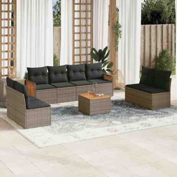 vidaXL 9-tlg. Garten-Sofagarnitur mit Kissen Grau Poly Rattan, UV-beständig, 3259981