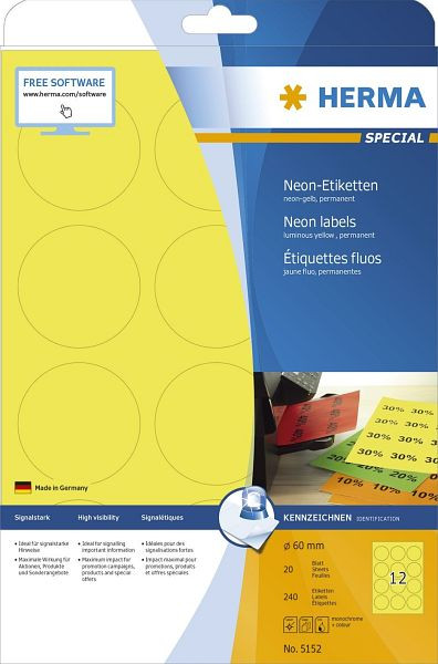 HERMA 5152 Etiketten A4 neon-gelb Ø 60 mm rund Papier matt 240 St., 5152