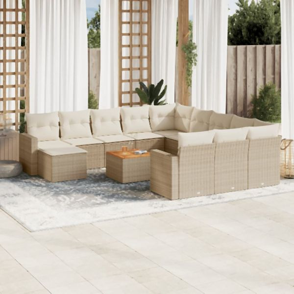vidaXL 13-tlg. Garten-Sofagarnitur mit Kissen Beige Poly Rattan, 3256758