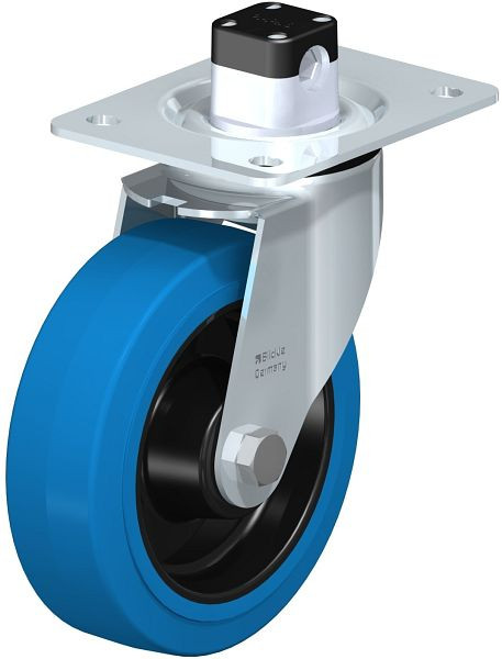 Blickle LE-POEV 160XR-CS11-SB Stahlblech-Lenkrolle mit Anschraubplatte & Zentralfeststeller, Elastik-Vollgummi, Blau, 850167