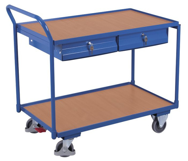 VARIOfit Tischwagen mit 2 Ladeflächen und 2 Schubladen, Außenmaße: 1.125 x 625 x 1.010 mm, RAL 5010 enzianblau, sw-600.503