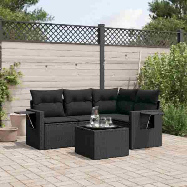 vidaXL 5-tlg. Garten-Sofagarnitur mit Kissen Schwarz Poly Rattan, UV-beständig, 3220114