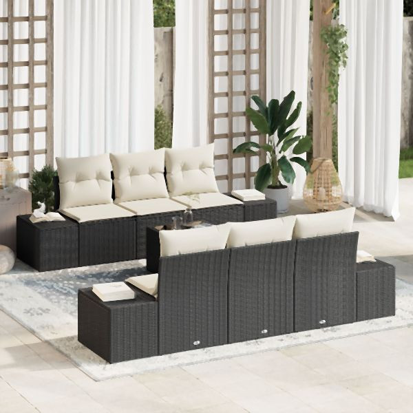 vidaXL Garten Sofa Set 7-teilig Schwarz und Weiß Rattan, Polyester, 3355616