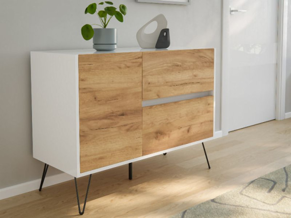 Posseik Sideboard Industrial S 100cm 2 Schubladen 1 Tür Weiß/Eiche Front, PN2081X0000034DE
