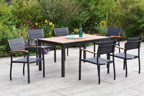 Merxx Paxos Set 7-teilig, 6 Paxos Stapelsessel, gepolstert, graphit/grau, 1 Tisch 150 x 90 cm, 50989-307