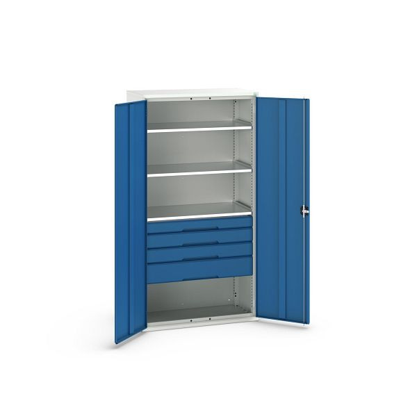 bott verso Flügeltürschrank mit Schubladen, mit 3 Fachböden und 4 Schubladen, BxTxH: 1050 x550 x 2000 mm, Lichtgrau / Enzianblau, 16926576.11
