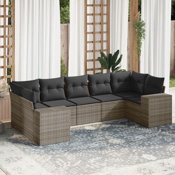 vidaXL 7-teilig Garten-Sofagarnitur mit Kissen Grau Poly Rattan, 3222989