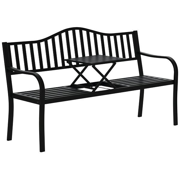 Outsunny 2-Sitzer Gartenbank robust mit ausziehbarem Tisch 240kg belastbar mit Rücken- & Armlehnen für Terrasse, Garten 150 x 58,5 x 90 cm Schwarz, 84B-751