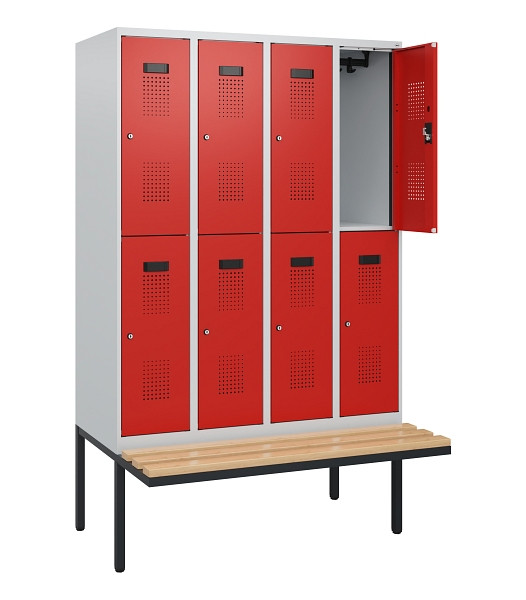 C+P Doppelstock-Spind Evolo PLUS, Bank, 8 Fächer, 1950x1200x815mm, 7035/3020, Zylinderschloss, Sitzfläche Buche-Hartholz, 0493405-40 S10028