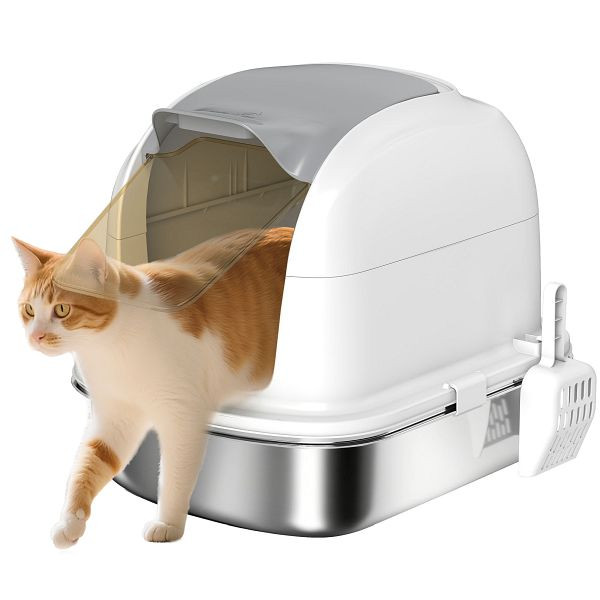 PawHut Katzenklo Edelstahl mit Deckel, Katzentoilette mit Wanne, Streuschaufel, für Katze unter 5 kg, D31-137V00WT