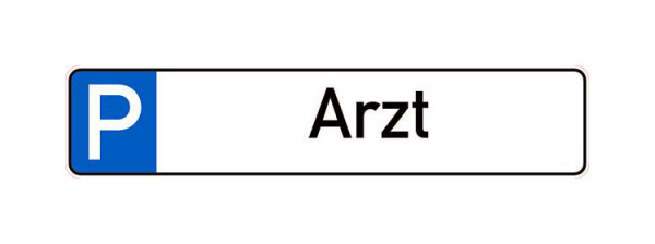 Schilder Klar Parkplatzkennzeichnung P-Arzt, 523x113x0.6 mm Aluminium geprägt, 1151/24