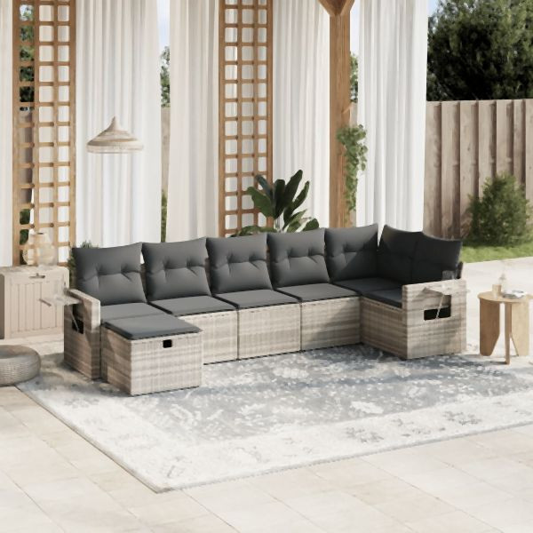 vidaXL 7-tlg. Garten-Sofagarnitur mit Kissen Hellgrau Poly Rattan, 3263818