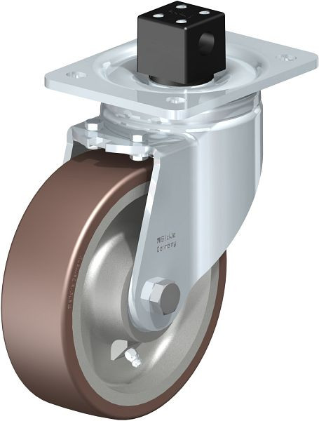 Blickle LH-GB 160K-CS13 Stahlblech-Lenkrolle, Schwerlast-Ausführung, mit Anschraubplatte & Zentralfeststeller, Blickle Besthane®, Braun, 752179