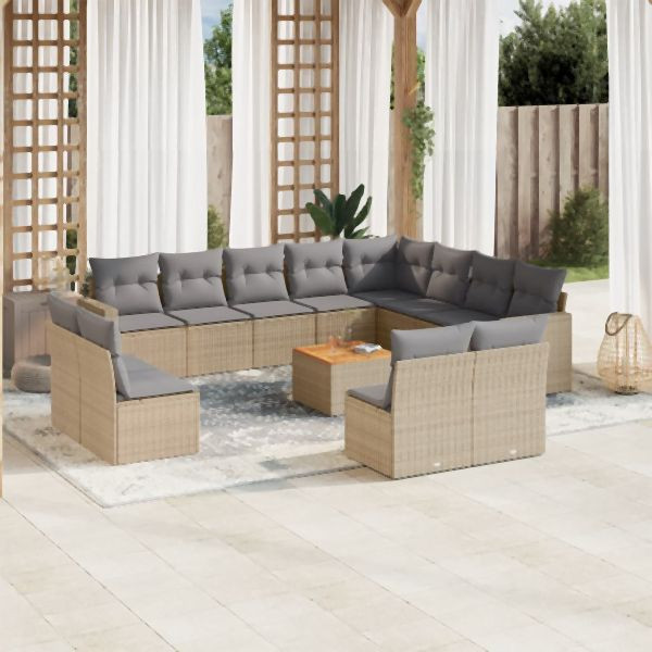 vidaXL 13-tlg. Garten-Sofagarnitur mit Kissen Beige Poly Rattan, 3256703